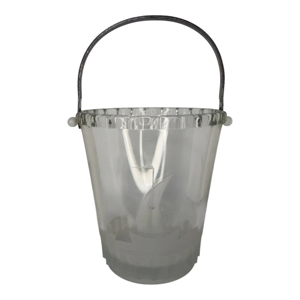 Vintage Etched Glass Sailboat Ice Bucket with Hammered Metal Handle Nautical